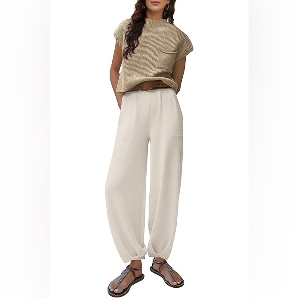 Amazon 2Pc Khaki Knit Top White High Waist Knit Jogger Pant Lounge Set M NWOT - Picture 15 of 16